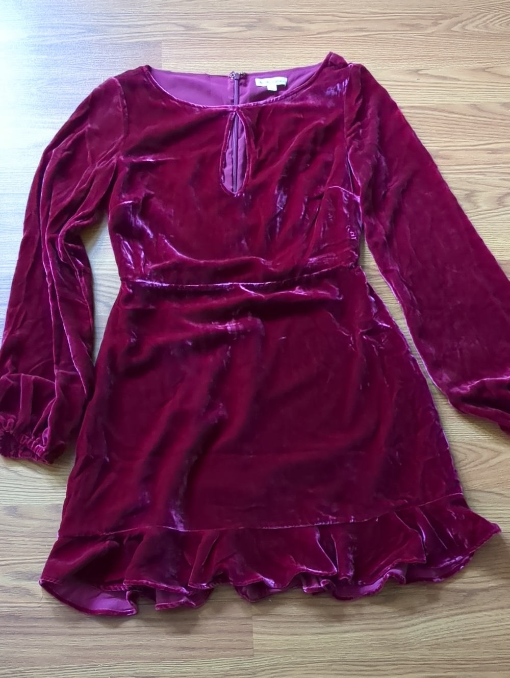 For Love & Lemons Raspberry Velvet Long Sleeve Keyhole Ruffle Mini Dress - Picture 2 of 7